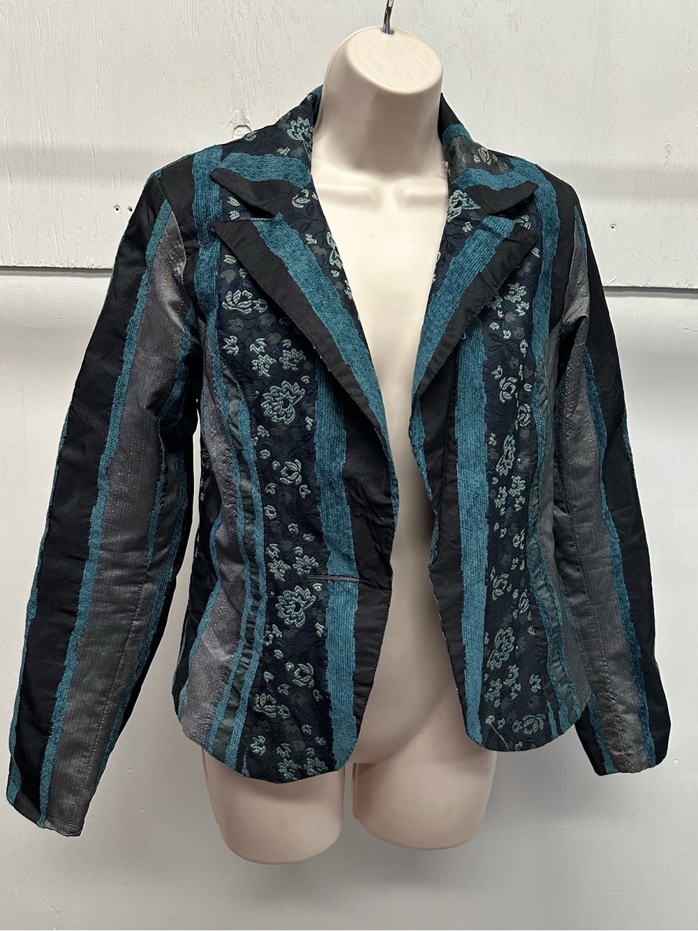 Bisou Bisou jaquard patchwork blazer jacket women’s 8 blue floral boho